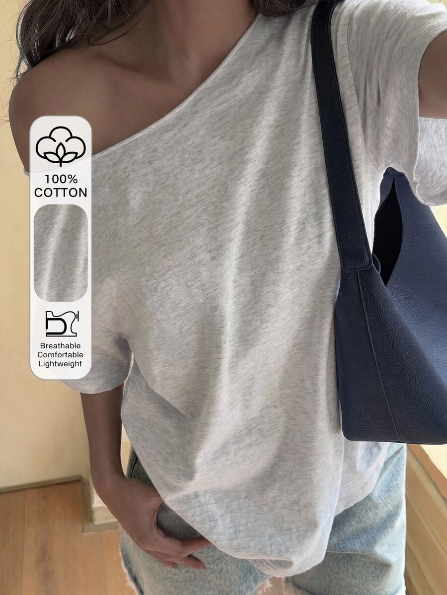 DAZY 青少年女孩純色不對稱肩短袖休閒寬鬆T恤 - 灰色 - 查看 1