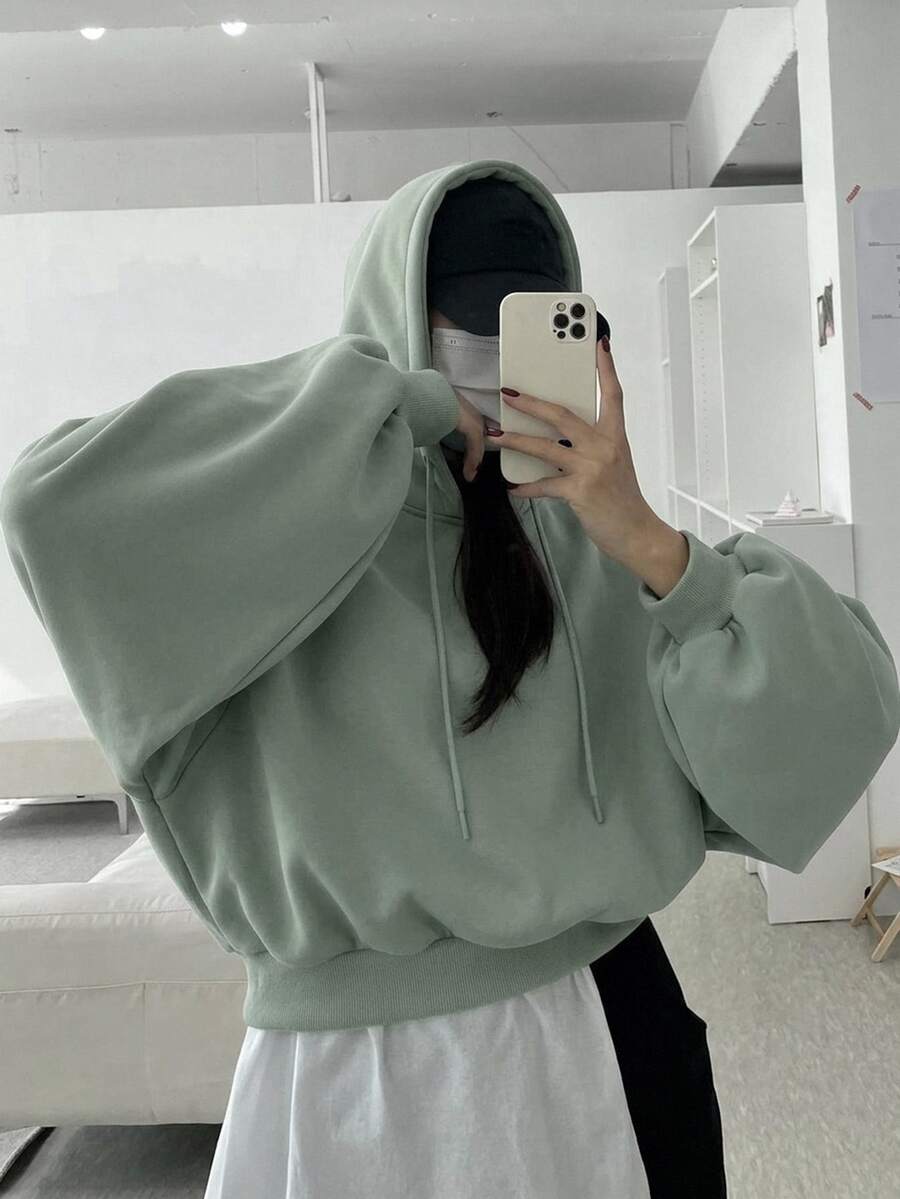 DAZY 女款純色連帽寬鬆短版運動衫 - 綠色 - 查看 1
