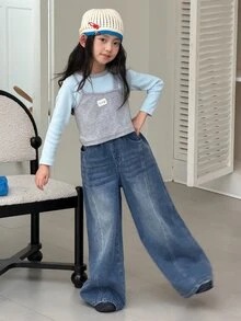 DAZY Tween Girl Wide Leg Loose Casual Denim Jeans With Pockets - Medium Wash - View 5