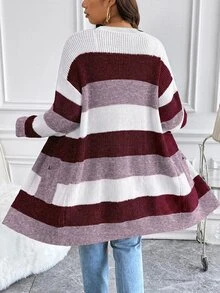 Vionelle Cardigan Kasual Wanita Ukuran Plus dengan Motif Blok Warna untuk Pemakaian Sehari-hari - MultiWarna - View 2