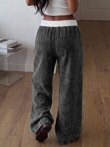 Kids Tween Girl Contrast Waistband Black Knit Denim Loose Fit Long Pants - Black - View 3