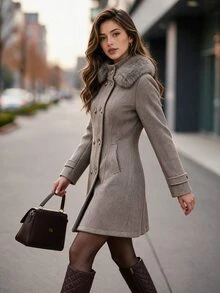 Editum Women's Street Style Faux Fur Patchwork Button Waist-Cinching Overcoat - Khaki - View 4