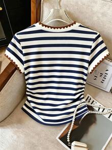 SHEIN Franclia 女款大尺碼外套上衣，夏季新款，休閒運動穿搭，時尚百搭，收腰修身，多色條紋，千鳥格工藝，女款收腰T恤 - 彩色 - 查看 2