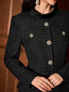 MOTF PREMIUM AUTUMN/WINTER WOMEN'S 2 IN 1 CINCHED WAIST FLARED TEXTURED MICRO-SHIMMER PATCHWORK LONG DRESS - Black - View 1