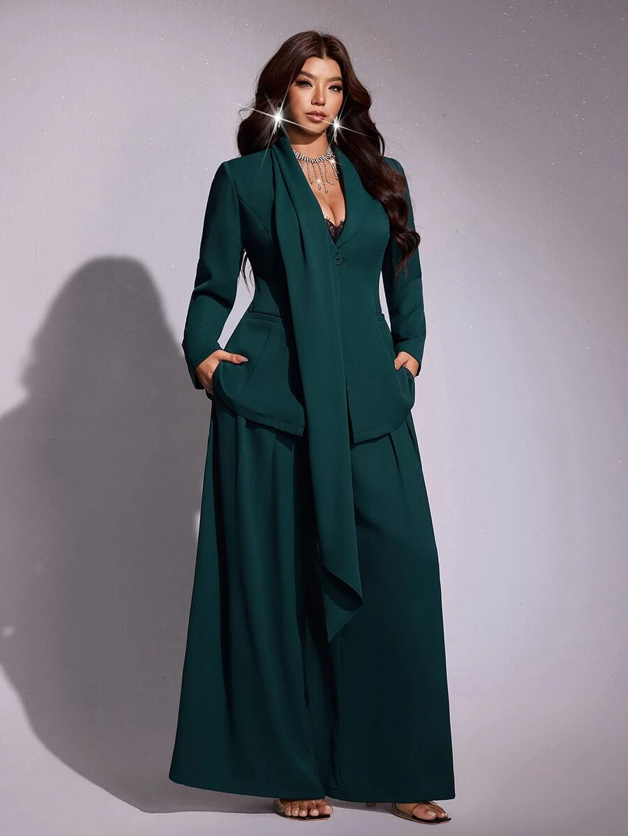 Viva Relle Plus Size French Style Casual Cinched Waist Ribbon Blazer & High Waist Straight Leg Trousers Set - Dark Green - View 1