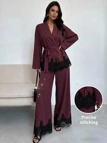 Firerie 女款優雅兩件套，對比色蕾絲下擺條紋西裝外套搭配長褲 - 酒紅色 - 查看 6