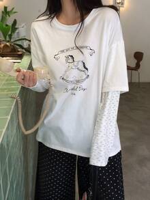 Dazy Tall Rocking Horse & Slogan Graphic Drop Shoulder 2 In 1 Tee - White - View 3