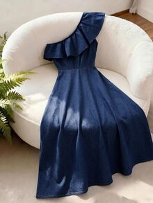 GlowEve Women's Minimalist Versatile Ruffle Trim One Shoulder Denim Dress - Dark Wash - View 2