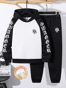 SHEIN 大童男孩字母印花插肩袖連帽衛衣與運動長褲休閒套裝 - 彩色 - 查看 3