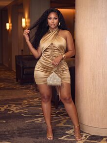 Veslaya Elegant Sexy Mini Dress For Date Party Holiday, Halter Neck Pleated Sleeveless Drawstring Slim Fit Bodycon Waist-Cinching Plus Size Dress - Khaki - View 4