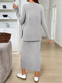 SHEIN 孕婦純色羅紋針織開衩哺乳上衣與可調腰圍裙子套裝 - 灰色 - 查看 2