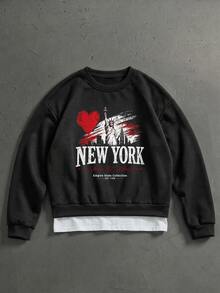 Manfinity ZONE917 美式復古做舊 I Love New York City 圖案黑色套頭運動衫 - 黑色 - 查看 1
