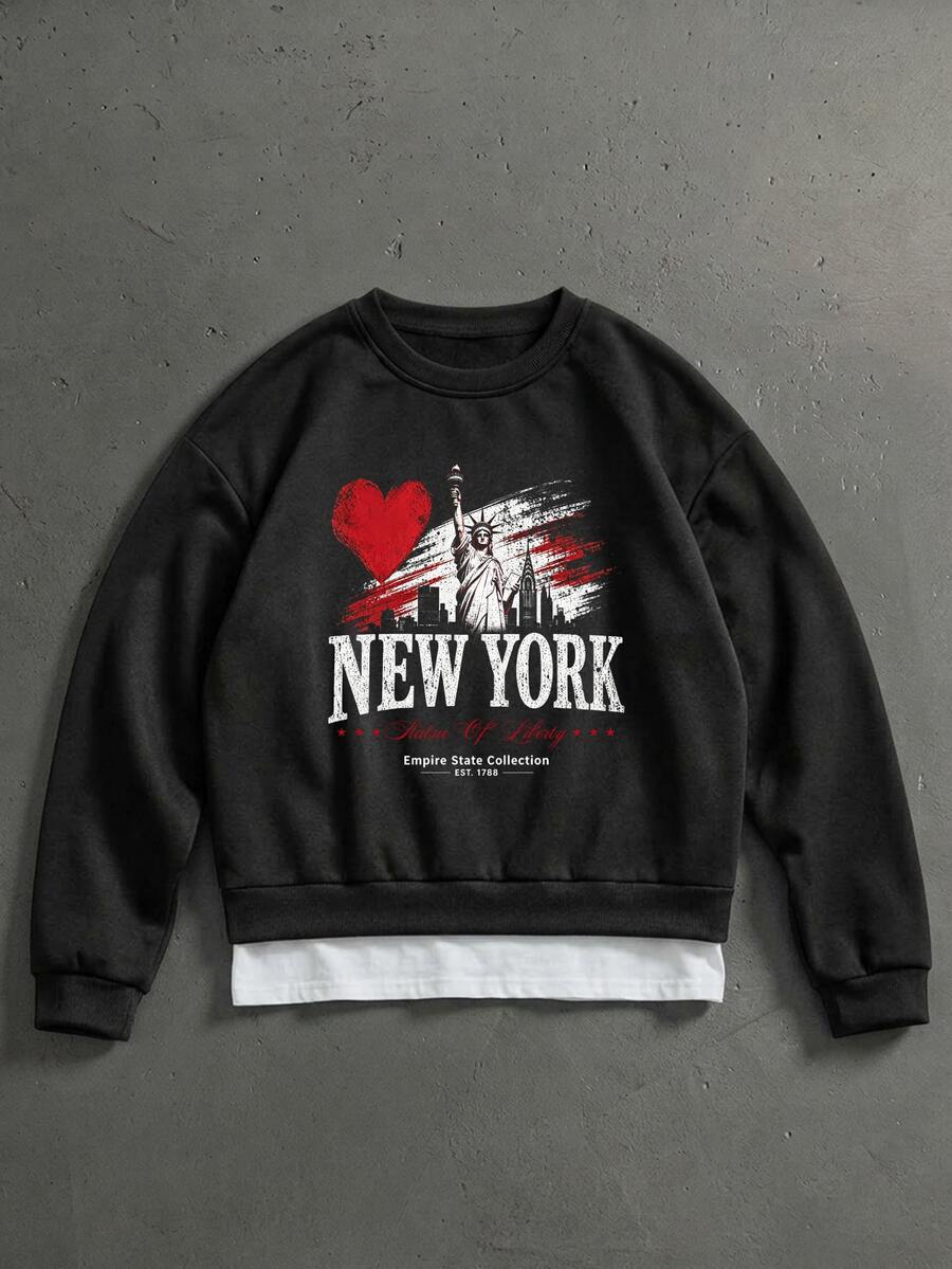 Manfinity ZONE917 美式復古做舊 I Love New York City 圖案黑色套頭運動衫 - 黑色 - 查看 1