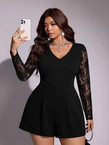 Viva Relle Plus Size Women Casual Vacation Elegant Contrast Lace Jumpsuit Fall - Black - View 4