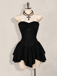 SHEIN ICON Women's Solid Color Pleated Casual Daily Summer Strapless Mini Dress - Black - View 8