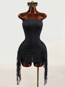 Mistrie Women's Lace Ribbon Sexy Slim Fit Bodycon Short Dress - Black - View 6