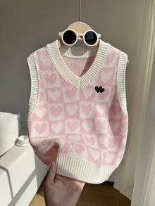 SHEIN (Tween Girl) 淺杏色 V 領刺繡針織背心毛衣，柔軟舒適，適合日常穿著、外出、旅行、度假、托兒所及兒童遊戲 - 粉色 - 查看 1