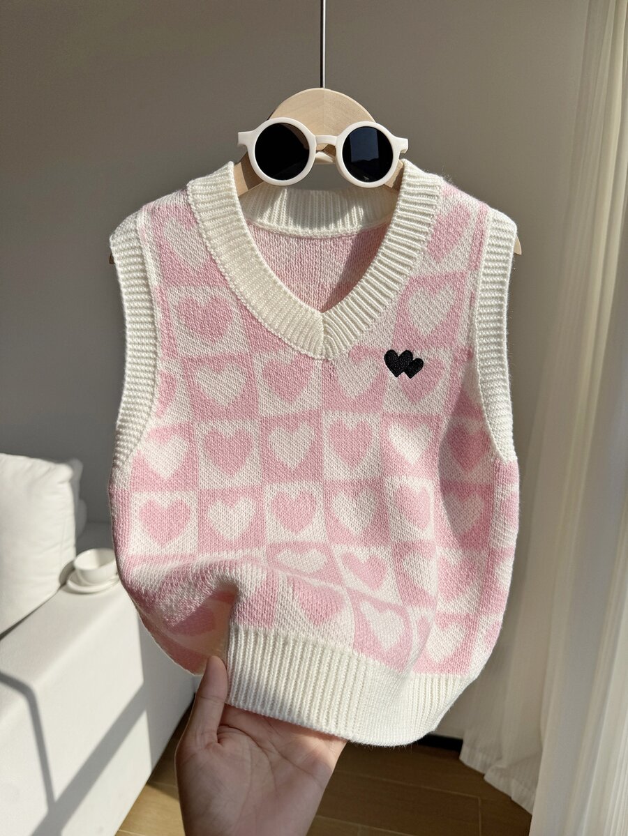 SHEIN (Tween Girl) 淺杏色 V 領刺繡針織背心毛衣,柔軟舒適,適合日常穿著、外出、旅行、度假、托兒所及兒童遊戲 - 粉色 - 查看 1