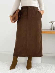 SHEIN Essnce Women's Plus-Size Brown Corduroy Skirt – Stylish, Casual, Comfortable, And Versatile For Autumn/Winter,Bottom,Fall Outfits,Simple Style Office Skirt - Brown - View 2