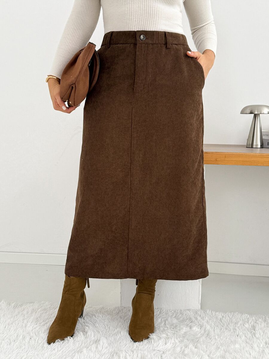 SHEIN Essnce Women's Plus-Size Brown Corduroy Skirt – Stylish, Casual, Comfortable, And Versatile For Autumn/Winter,Bottom,Fall Outfits,Simple Style Office Skirt