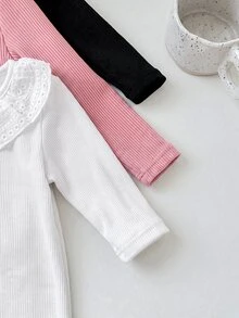 SHEIN 女嬰秋冬白色針織彼得潘領長袖上衣，附保暖內裡 - 白色 - 查看 3
