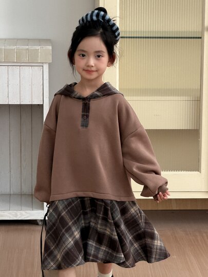 DAZY Tween Girl Patchwork Plaid Ruffle Hem Dropped Shoulder Long Sleeve Casual Hooded Dress
