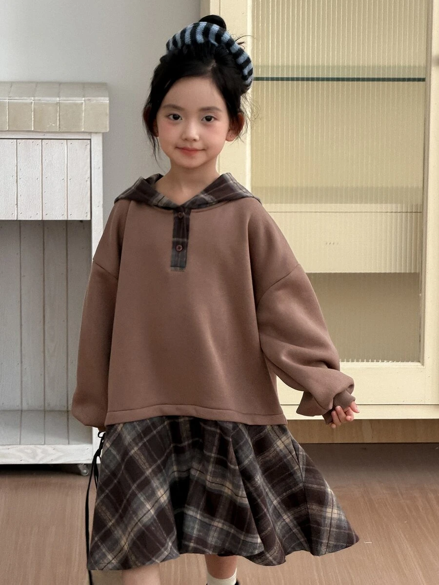 DAZY Tween Girl Patchwork Plaid Ruffle Hem Dropped Shoulder Long Sleeve Casual Hooded Dress - Camel - View 1