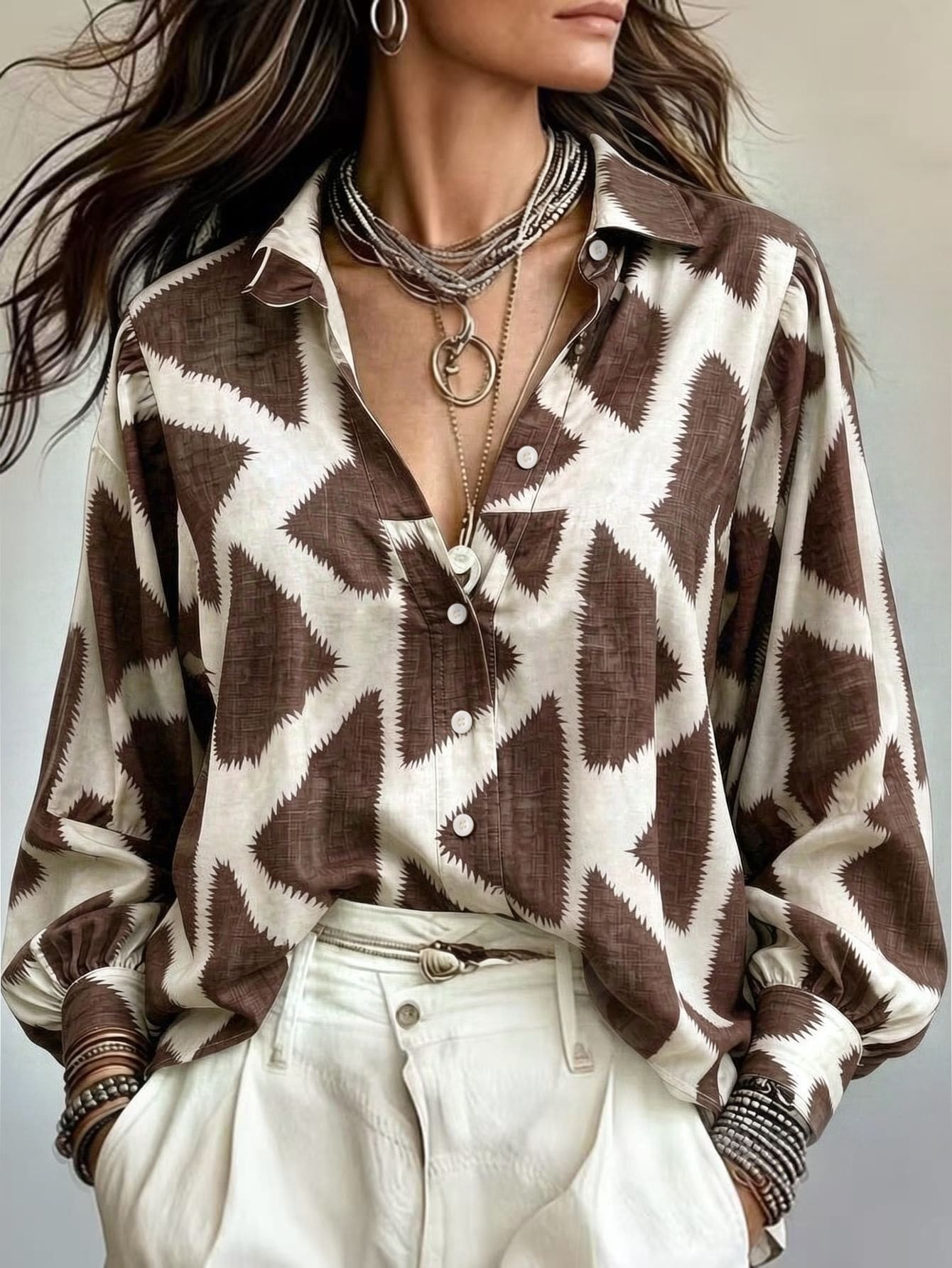 Glimmora Women's Bohemian Style Colorblock Triangle Print Long Sleeve Blouse Shirt - Multicolor - View 1