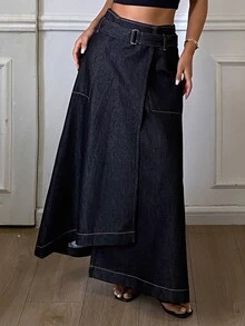 Dazy Tall Women's Long A-Line Casual Denim Skirt - Dark Wash - View 4