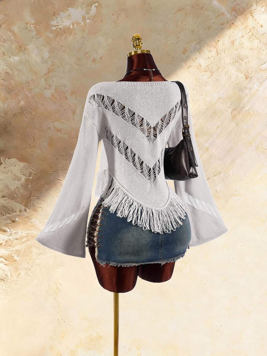 Amplova Women's Solid Color Asymmetrical Shoulder Casual Daily Long Sleeve Sweater - Grey - View 1
