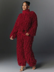 NYA SZN Knit Pant Fringe Trouser Wide Leg Holiday Festival Special Occasion Everyday Casual Work Concert Going Out Club Cozy Chic Cute Party Red Fall Winter - Red - View 4