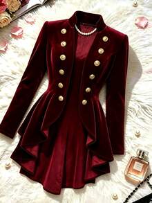 Yalmera Women's Autumn Solid Color Stand Collar Long Sleeve Double-Breasted Napoleon Jacket - Burgundy - View 5