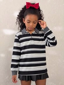 Tween Girls Casual Striped Kids Polo Collar Long Sleeve T-Shirt, Fall/Winter - Grey - View 3