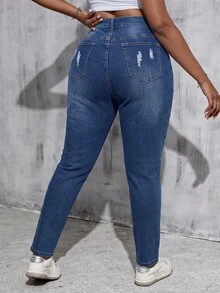SHEIN MOD Plus Size Fashion Button Pocket Distressed Streetwear Denim Jeans - Medium Wash - View 2
