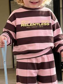 女童復古混色條紋長袖運動衫與百褶寬腿運動長褲套裝，適合派對、日常、度假 - 彩色 - 查看 3