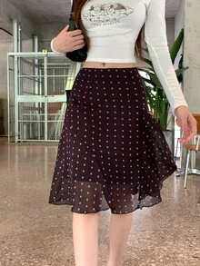 Dazy Tall Rok Wanita Motif Polkadot Seluruh Permukaan Gaya Korea, Serbaguna untuk Musim Semi dan Musim Panas - Coffee Brown - View 2