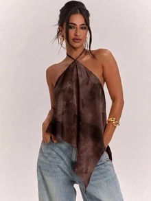 SHEIN BAE 女款掛脖背心上衣 休閒簡約 度假波希米亞風 優雅浪漫復古印花圖案 正式襯衫 通勤穿搭 音樂節沙灘度假夏季套裝 - 棕色 - 查看 1