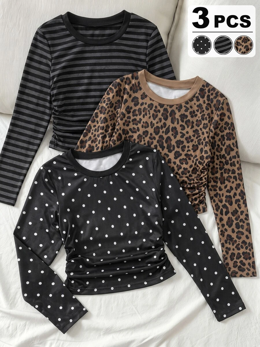 Tween Girls 3pcs Leopard Striped Polka Dot Ruched Long Sleeve T-Shirt Pack Fall Winter Tops - Multicolor - View 1