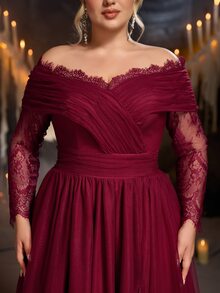 Glamrae Plus Size Elegant Luxurious Burgundy Mesh & Lace Patchwork Off-Shoulder Ruched Slimming Flowy A-Line Maxi Dress Suitable For Prom Wedding Events Bachelorette Party Fashion Evening Gala Bridesmaid Formal Evening Gown - Burgundy - View 5