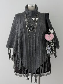 Sunspun Women's Plus Size Dark Tassel High Neck Batwing Sleeve Pullover Sweater - Dark Grey - View 1