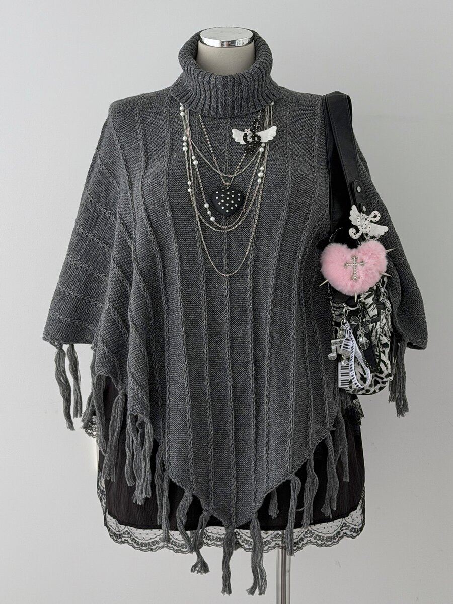 Sunspun Women's Plus Size Dark Tassel High Neck Batwing Sleeve Pullover Sweater - Dark Grey - View 1