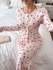 Napfluff Girl Style Frill Trim Bow Pattern Ribbed Knit Home Lounge Set - Baby Pink - View 5