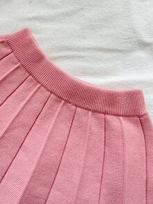 SHEIN 女童淺粉色仿毛絨質感圓領落肩長袖套頭毛衣套裝，搭配百褶裙，秋季嬰幼兒 - 淺粉色 - 查看 6