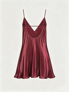 SHEIN PariChic 純色垂墜下擺緞面細肩帶洋裝 - 酒紅色 - 查看 2