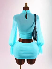 Amplova Women's Autumn/Winter Blue Cross Front Design Long Sleeve Top & Mini Skirt 2pcs Set - Blue - View 7