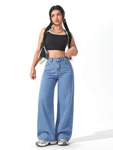 SHEIN ICON 大尺碼女款簡約復古街頭風中藍水洗直筒牛仔長褲 - 淺色水洗藍 - 查看 5
