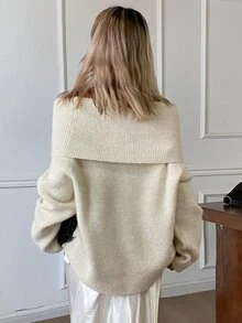 DAZY Solid Color Loose Off-Shoulder Long Sleeve Cold Shoulder Casual Vacation Korean Style Daily Versatile Autumn Winter Knit Sweater For Women - Apricot - View 6