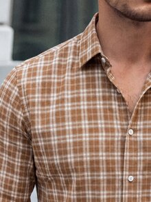 Manfinity Homme 1件男士成熟休閒風格子布料襯衫，通勤百搭時尚舒適，男友禮物、丈夫禮物、週年紀念禮物 - 棕色 - 查看 4