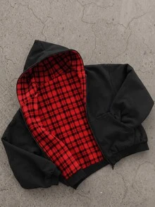 SHEIN 青少年男孩休閒格紋素色雙面可穿連帽外套，正反兩面皆可穿 - 黑色 - 查看 3