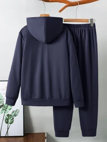 SHEIN 青少年男孩拼色寬鬆長袖連帽衫套裝，冬季，街頭風，畢業季，開學季 - 藏蓝色 - 查看 3